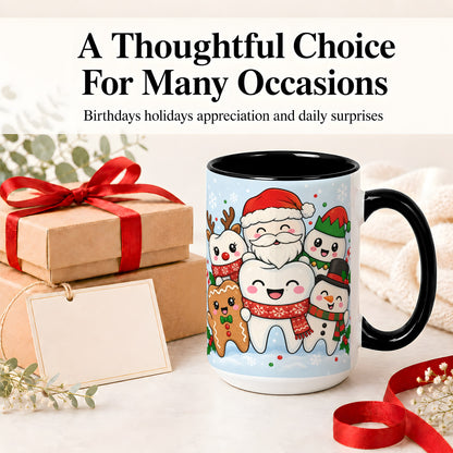#pl[15oz|Black] Cute Dental Christmas Ceramic Mug, Tooth Character Holiday Artwork