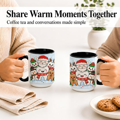 #pl[15oz|Black] Cute Dental Christmas Ceramic Mug, Tooth Character Holiday Artwork