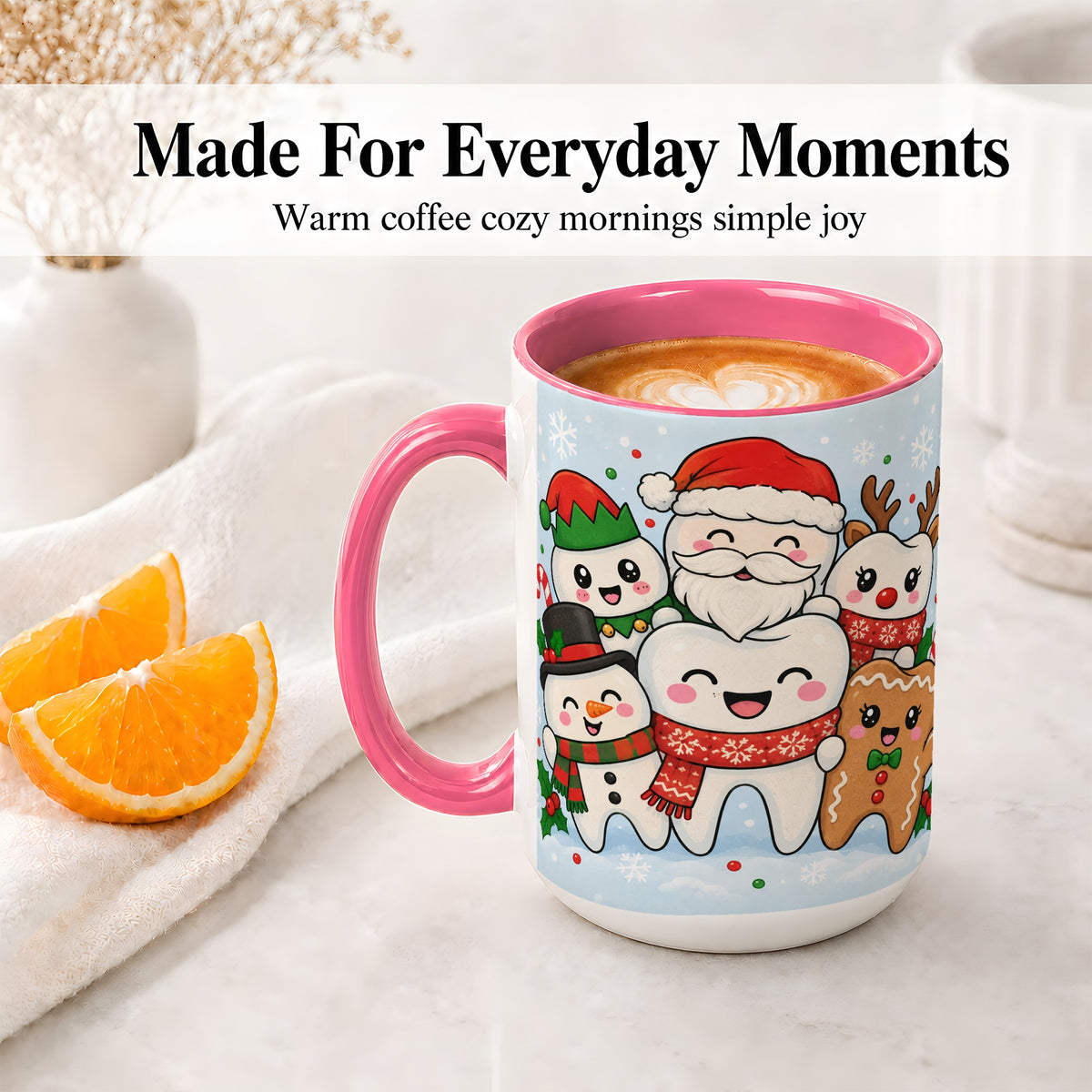 #pl[15oz|Pink] Cute Dental Christmas Ceramic Mug, Tooth Character Holiday Artwork