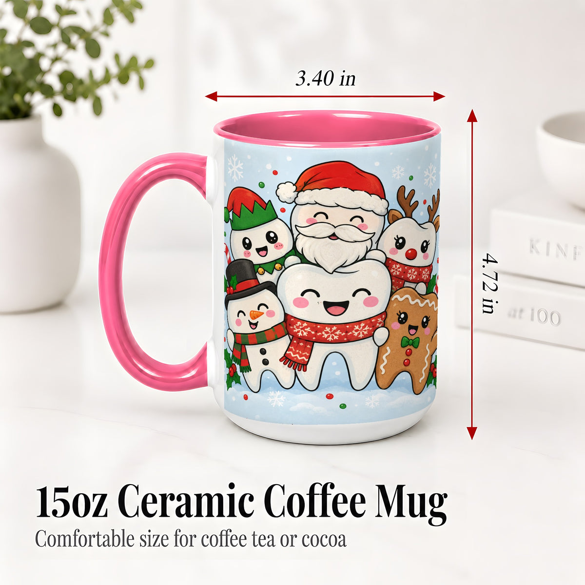 #pl[15oz|Pink] Cute Dental Christmas Ceramic Mug, Tooth Character Holiday Artwork