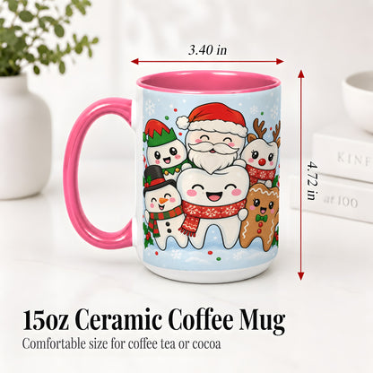 #pl[15oz|Pink] Cute Dental Christmas Ceramic Mug, Tooth Character Holiday Artwork