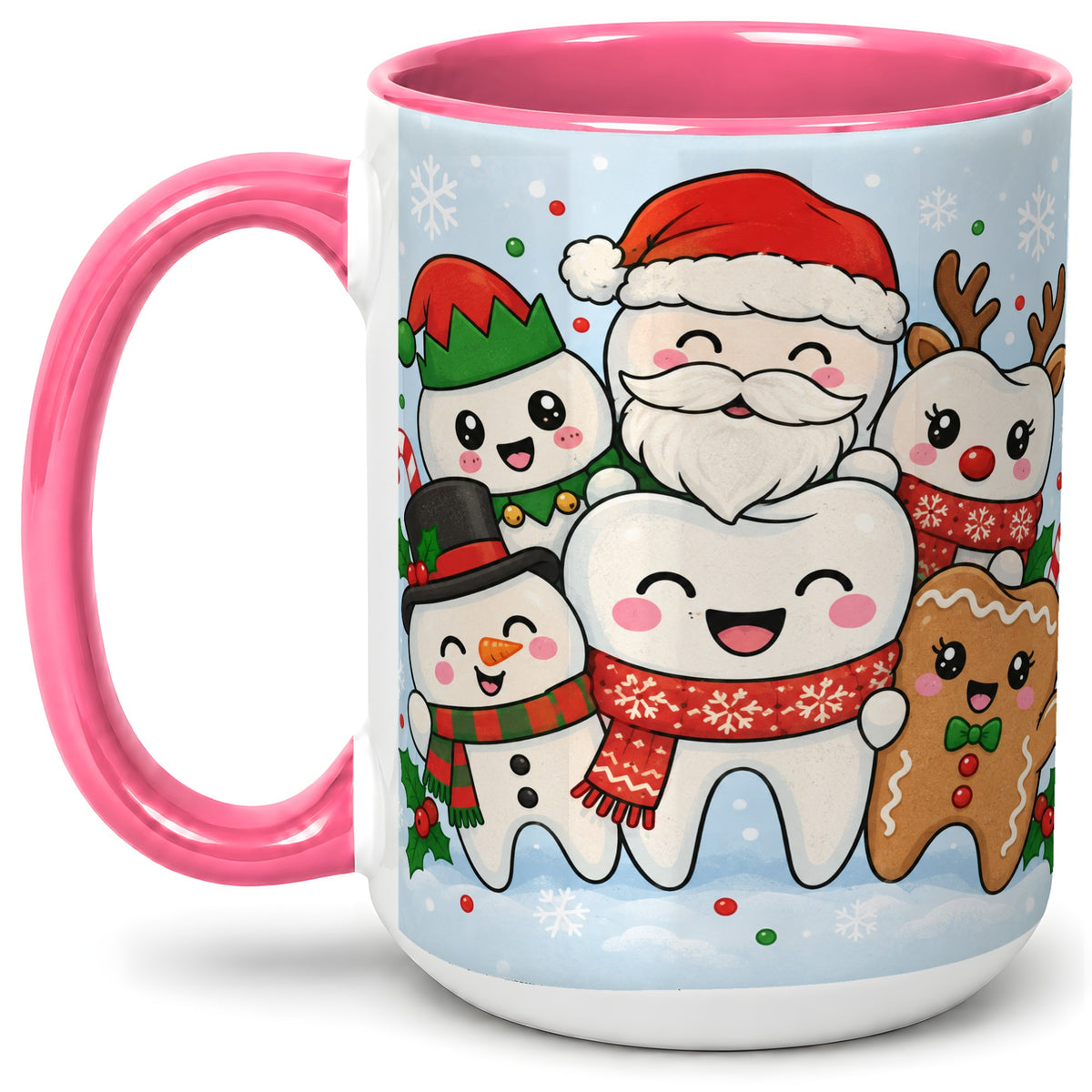 #pl[15oz|Pink] Cute Dental Christmas Ceramic Mug, Tooth Character Holiday Artwork