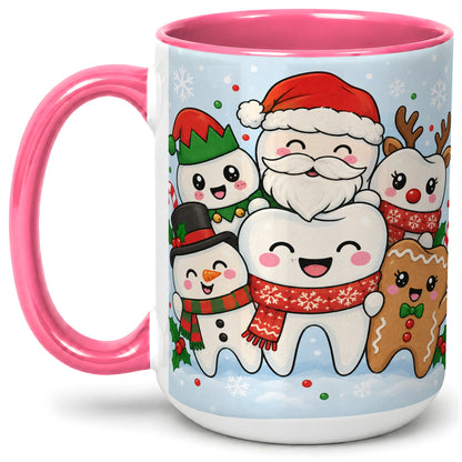 #pl[15oz|Pink] Cute Dental Christmas Ceramic Mug, Tooth Character Holiday Artwork