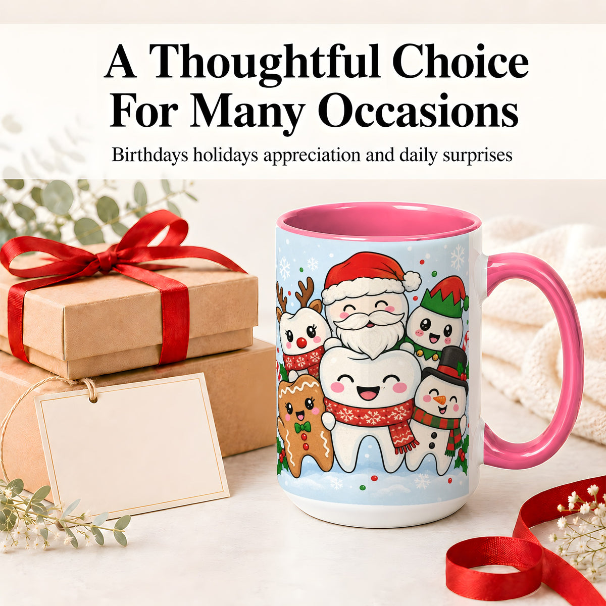 #pl[15oz|Pink] Cute Dental Christmas Ceramic Mug, Tooth Character Holiday Artwork