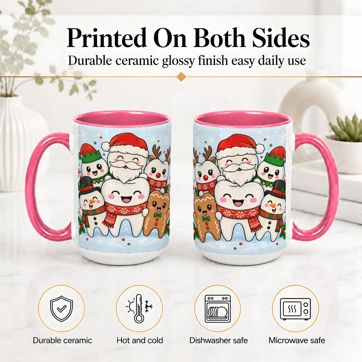 #pl[15oz|Pink] Cute Dental Christmas Ceramic Mug, Tooth Character Holiday Artwork