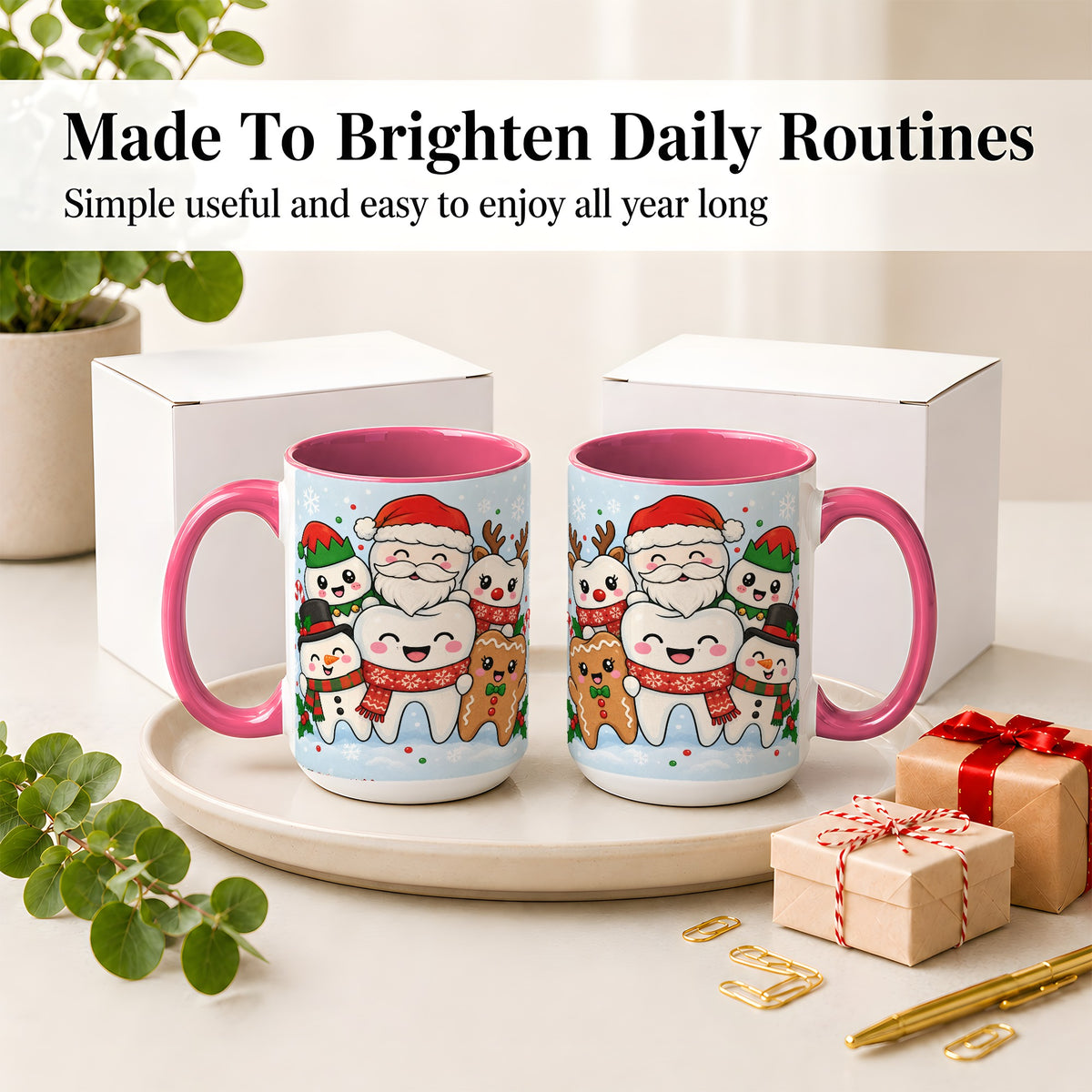 #pl[15oz|Pink] Cute Dental Christmas Ceramic Mug, Tooth Character Holiday Artwork