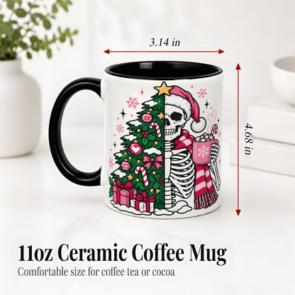 #pl[11oz|Black] Pink Christmas Skeleton Ceramic Mug, Tree Cocoa Holiday Artwork