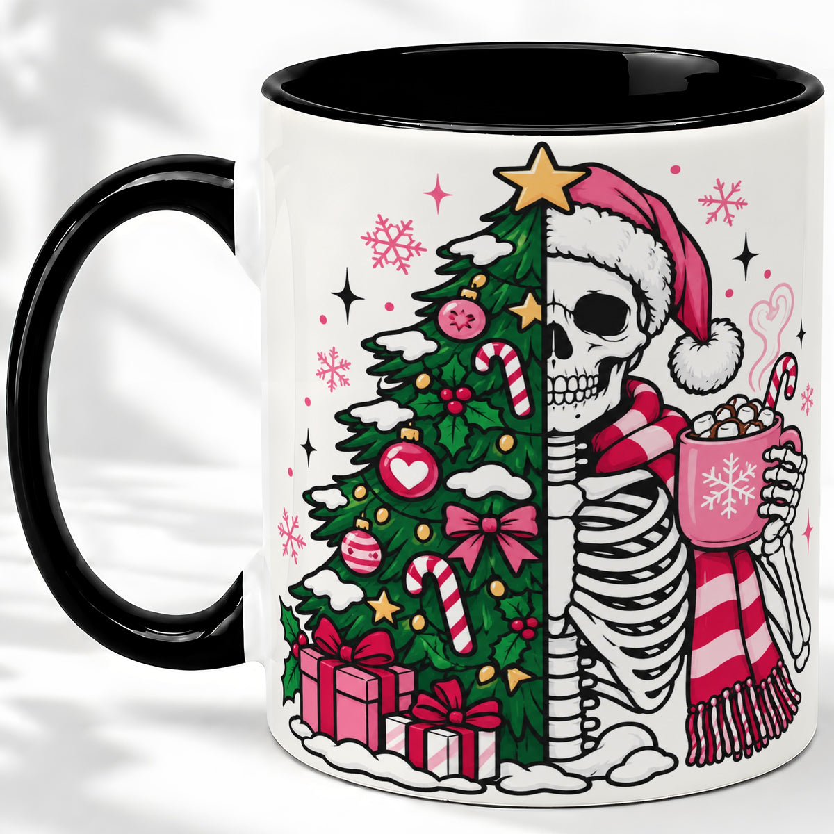 #pl[11oz|Black] Pink Christmas Skeleton Ceramic Mug, Tree Cocoa Holiday Artwork