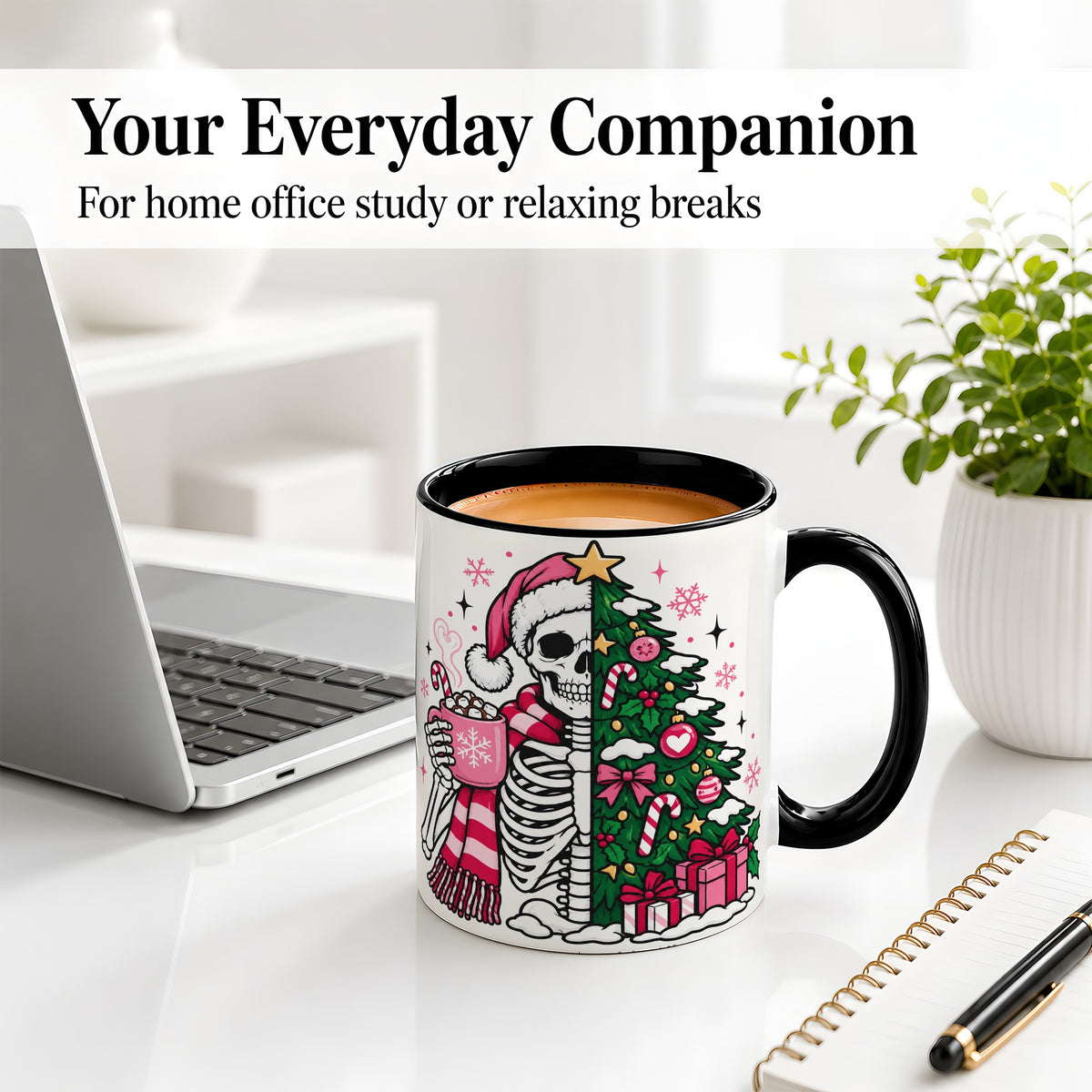 #pl[11oz|Black] Pink Christmas Skeleton Ceramic Mug, Tree Cocoa Holiday Artwork
