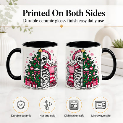 #pl[11oz|Black] Pink Christmas Skeleton Ceramic Mug, Tree Cocoa Holiday Artwork