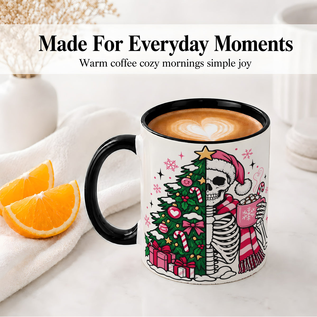 #pl[11oz|Black] Pink Christmas Skeleton Ceramic Mug, Tree Cocoa Holiday Artwork