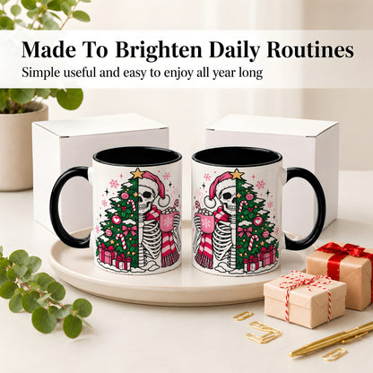 #pl[11oz|Black] Pink Christmas Skeleton Ceramic Mug, Tree Cocoa Holiday Artwork