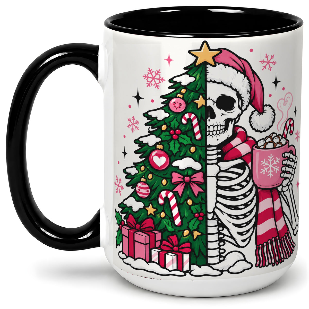 #pl[15oz|Black] Pink Christmas Skeleton Ceramic Mug, Tree Cocoa Holiday Artwork
