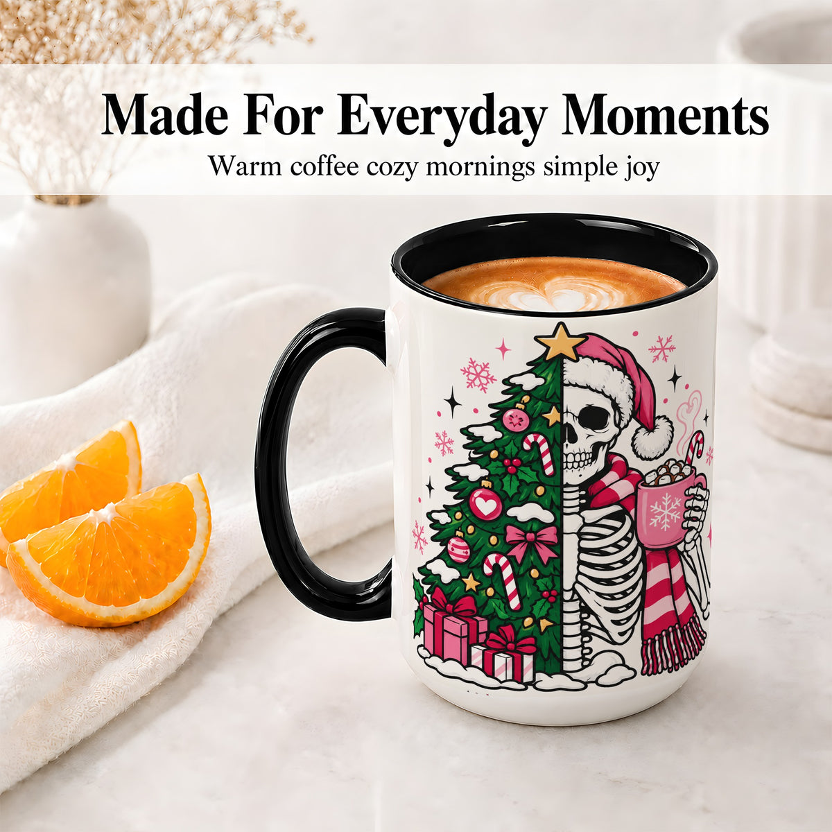 #pl[15oz|Black] Pink Christmas Skeleton Ceramic Mug, Tree Cocoa Holiday Artwork