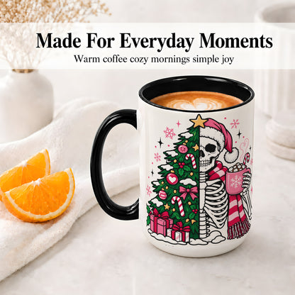 #pl[15oz|Black] Pink Christmas Skeleton Ceramic Mug, Tree Cocoa Holiday Artwork