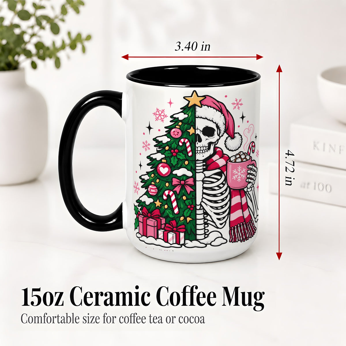 #pl[15oz|Black] Pink Christmas Skeleton Ceramic Mug, Tree Cocoa Holiday Artwork