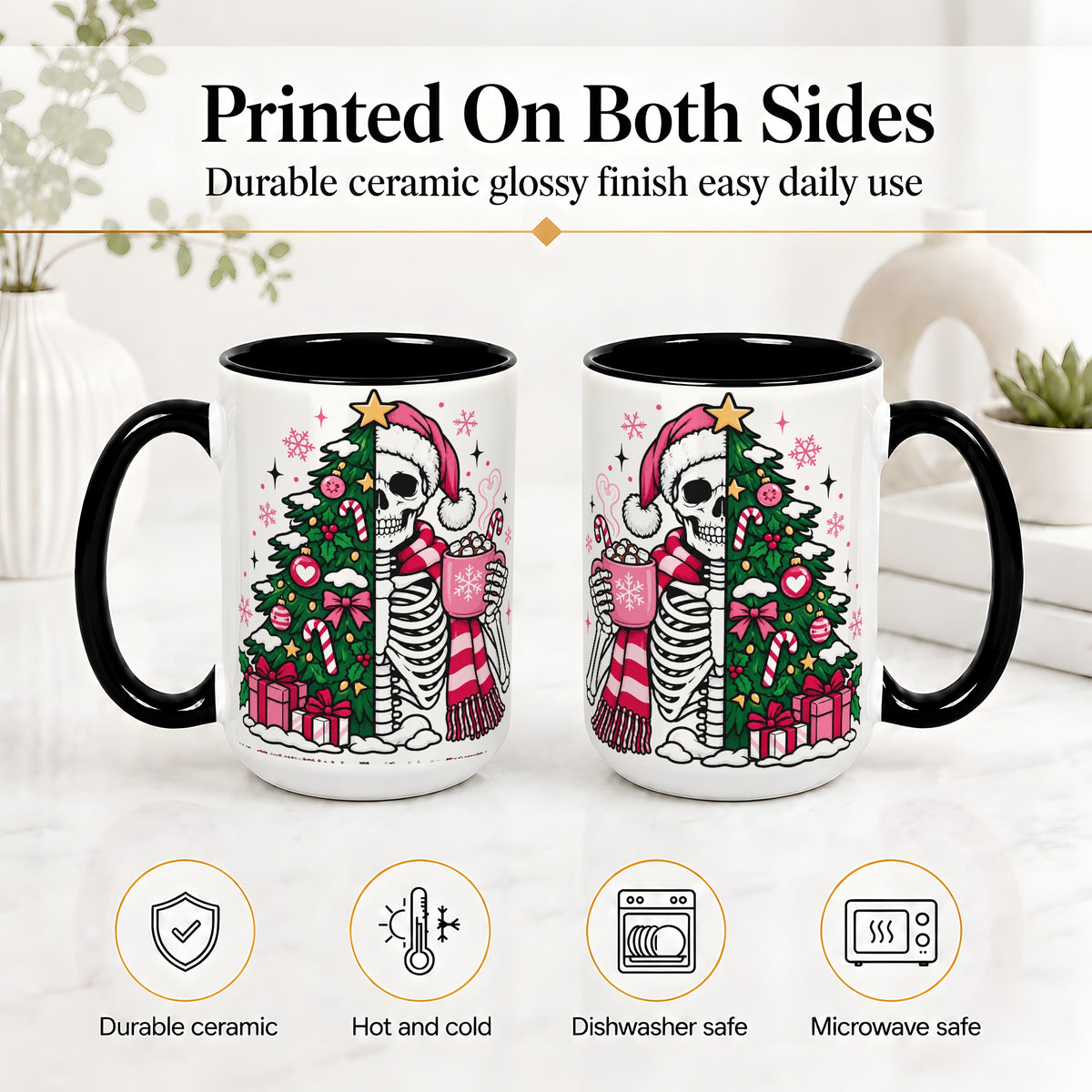 #pl[15oz|Black] Pink Christmas Skeleton Ceramic Mug, Tree Cocoa Holiday Artwork
