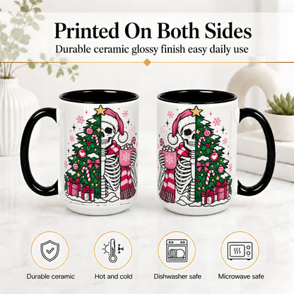 #pl[15oz|Black] Pink Christmas Skeleton Ceramic Mug, Tree Cocoa Holiday Artwork