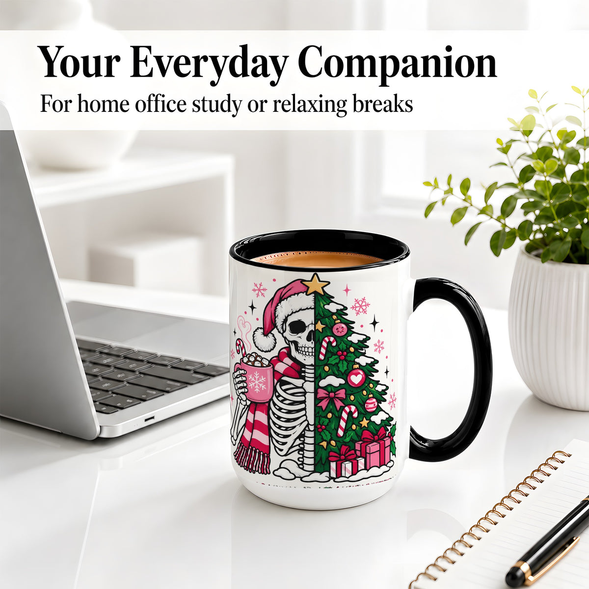 #pl[15oz|Black] Pink Christmas Skeleton Ceramic Mug, Tree Cocoa Holiday Artwork