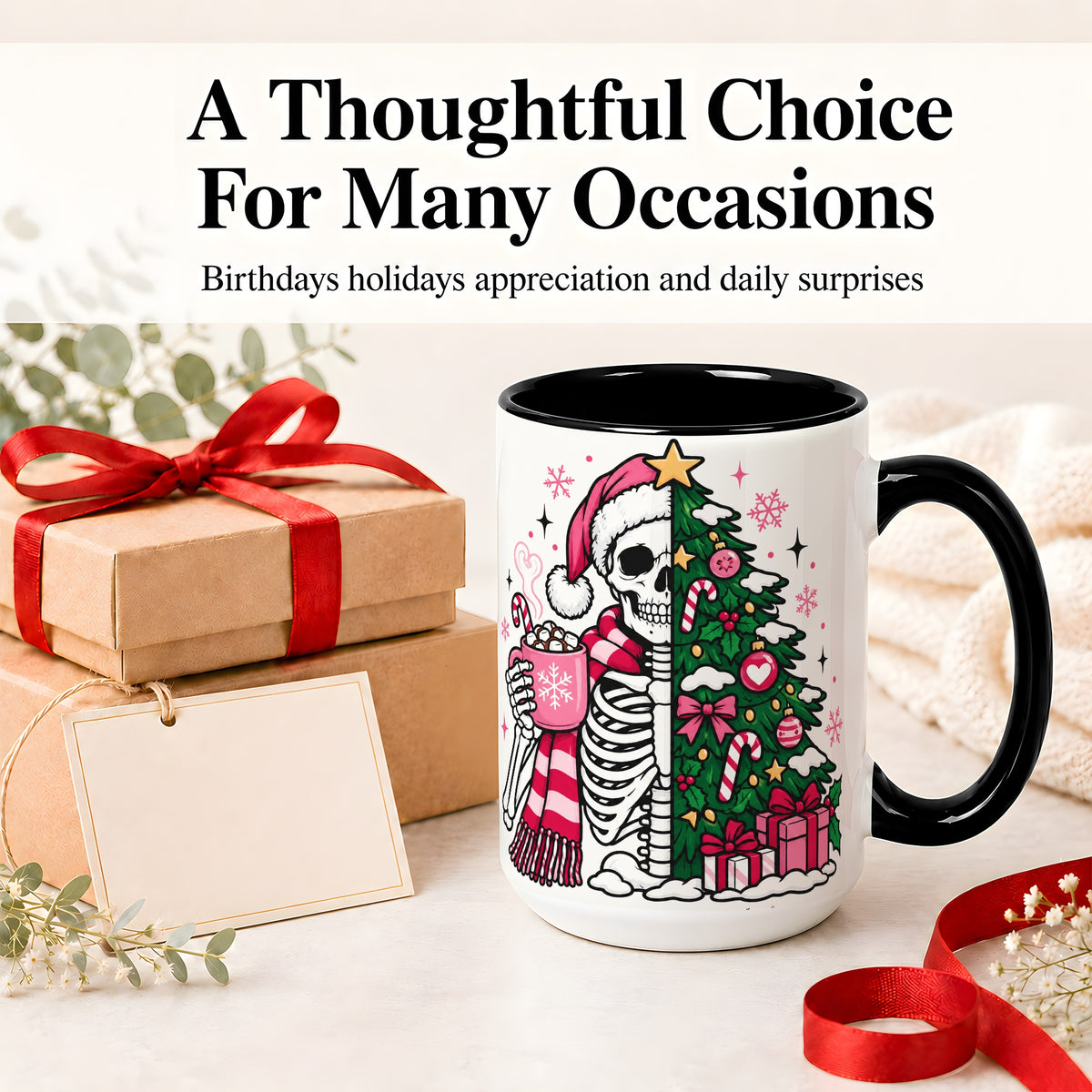 #pl[15oz|Black] Pink Christmas Skeleton Ceramic Mug, Tree Cocoa Holiday Artwork