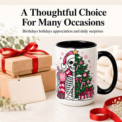 #pl[15oz|Black] Pink Christmas Skeleton Ceramic Mug, Tree Cocoa Holiday Artwork