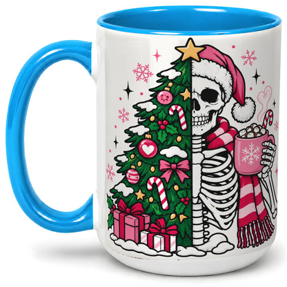 #pl[15oz|Blue] Pink Christmas Skeleton Ceramic Mug, Tree Cocoa Holiday Artwork