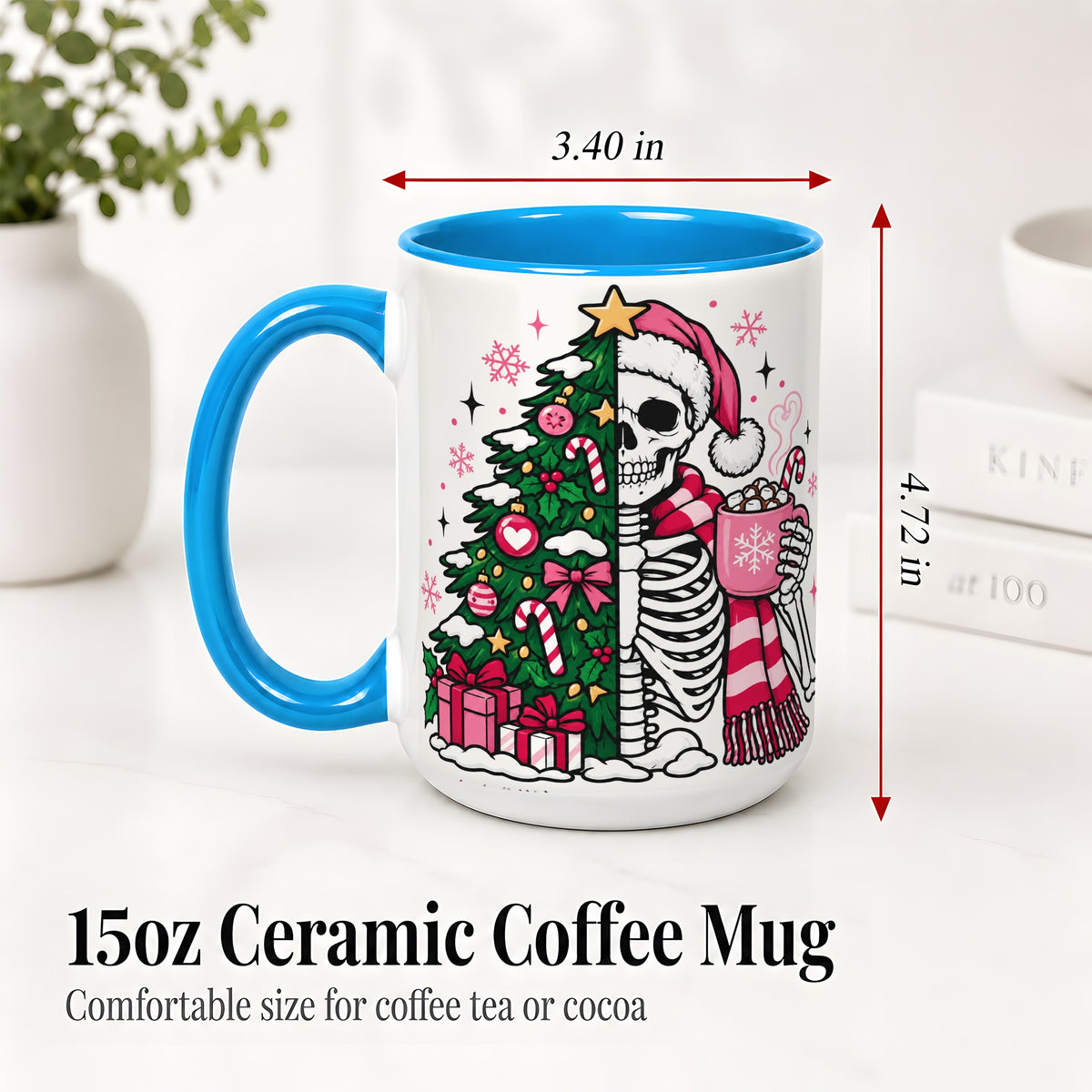 #pl[15oz|Blue] Pink Christmas Skeleton Ceramic Mug, Tree Cocoa Holiday Artwork