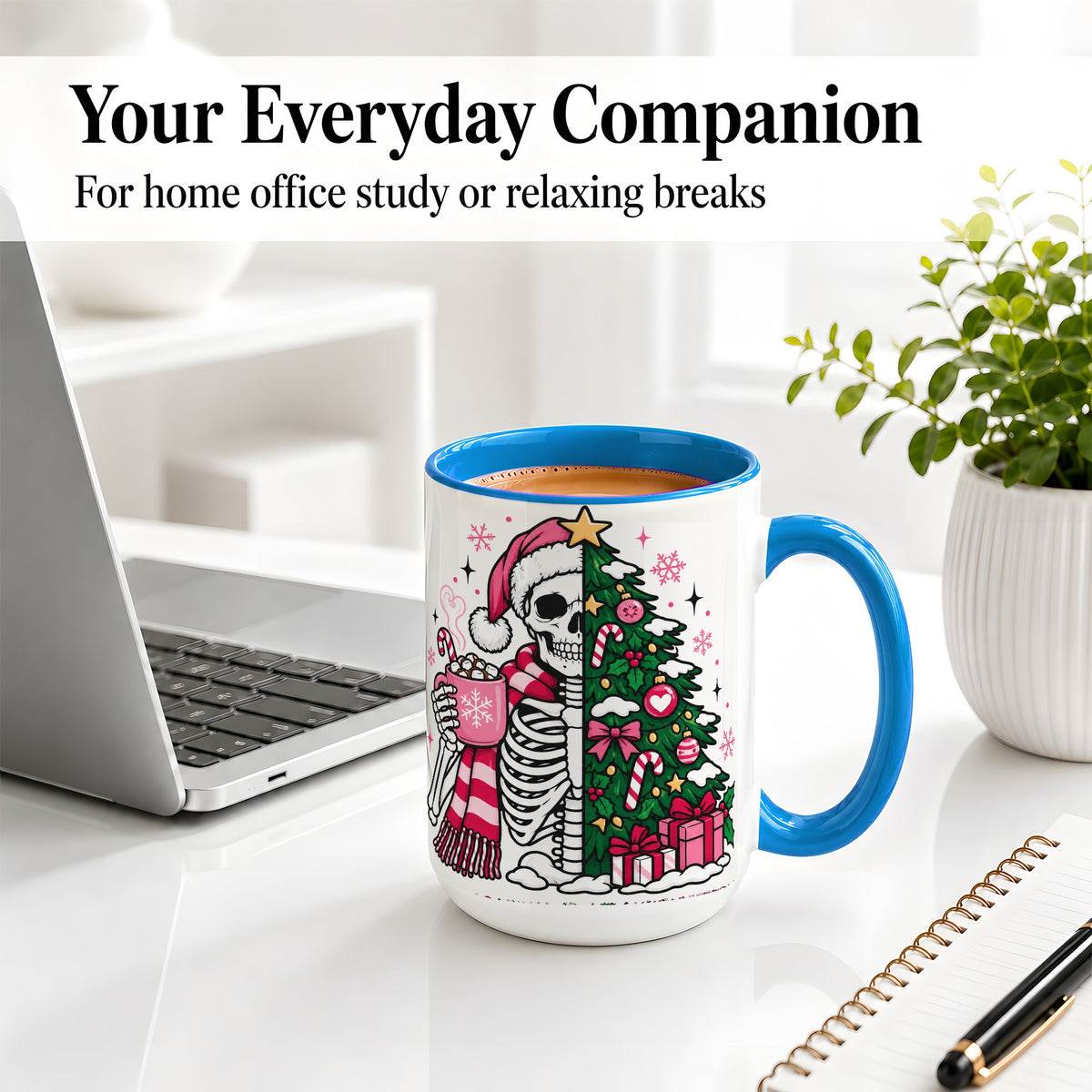 #pl[15oz|Blue] Pink Christmas Skeleton Ceramic Mug, Tree Cocoa Holiday Artwork