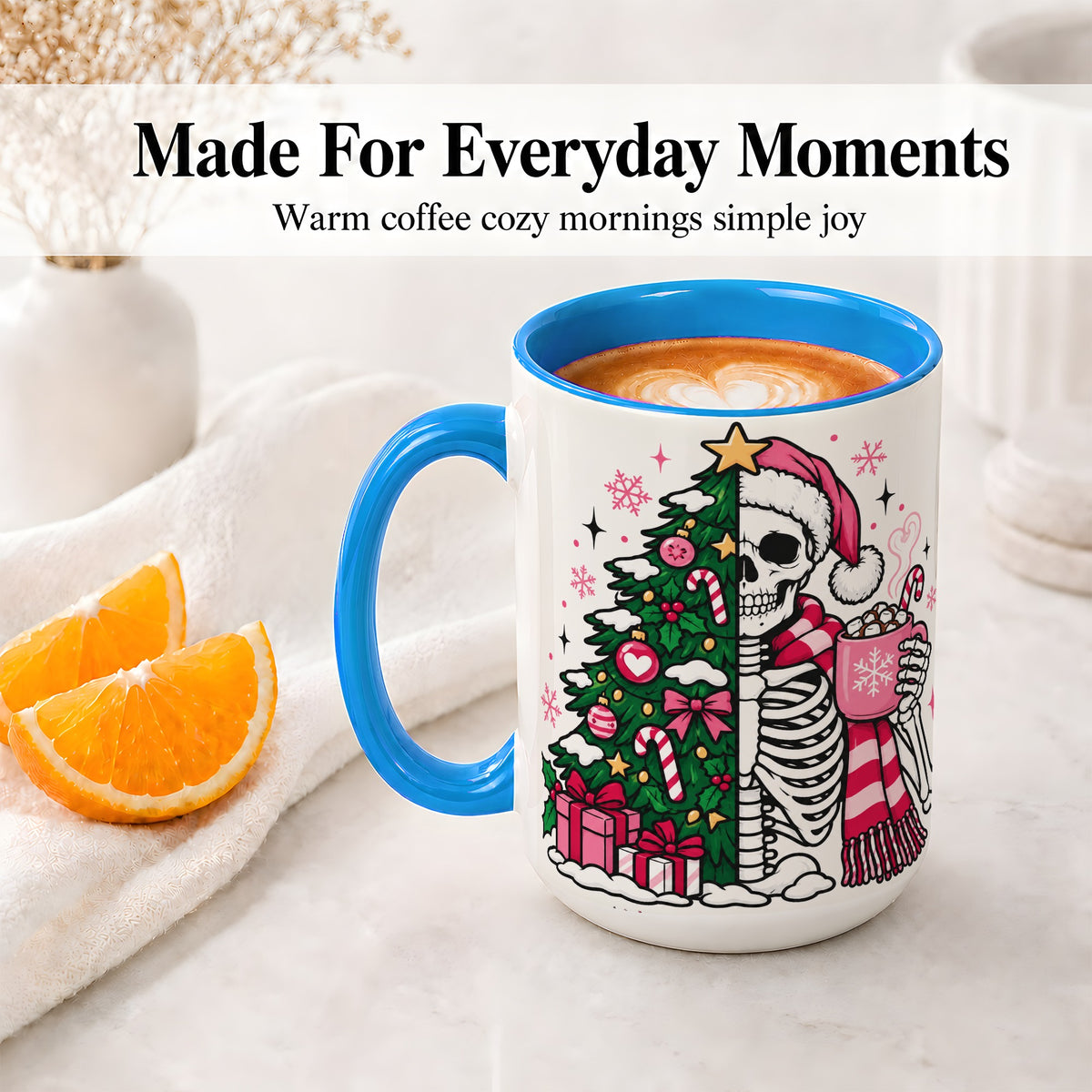 #pl[15oz|Blue] Pink Christmas Skeleton Ceramic Mug, Tree Cocoa Holiday Artwork