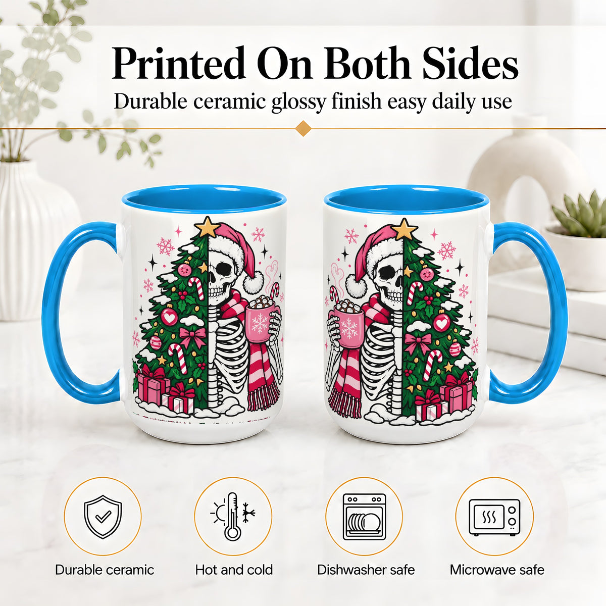 #pl[15oz|Blue] Pink Christmas Skeleton Ceramic Mug, Tree Cocoa Holiday Artwork