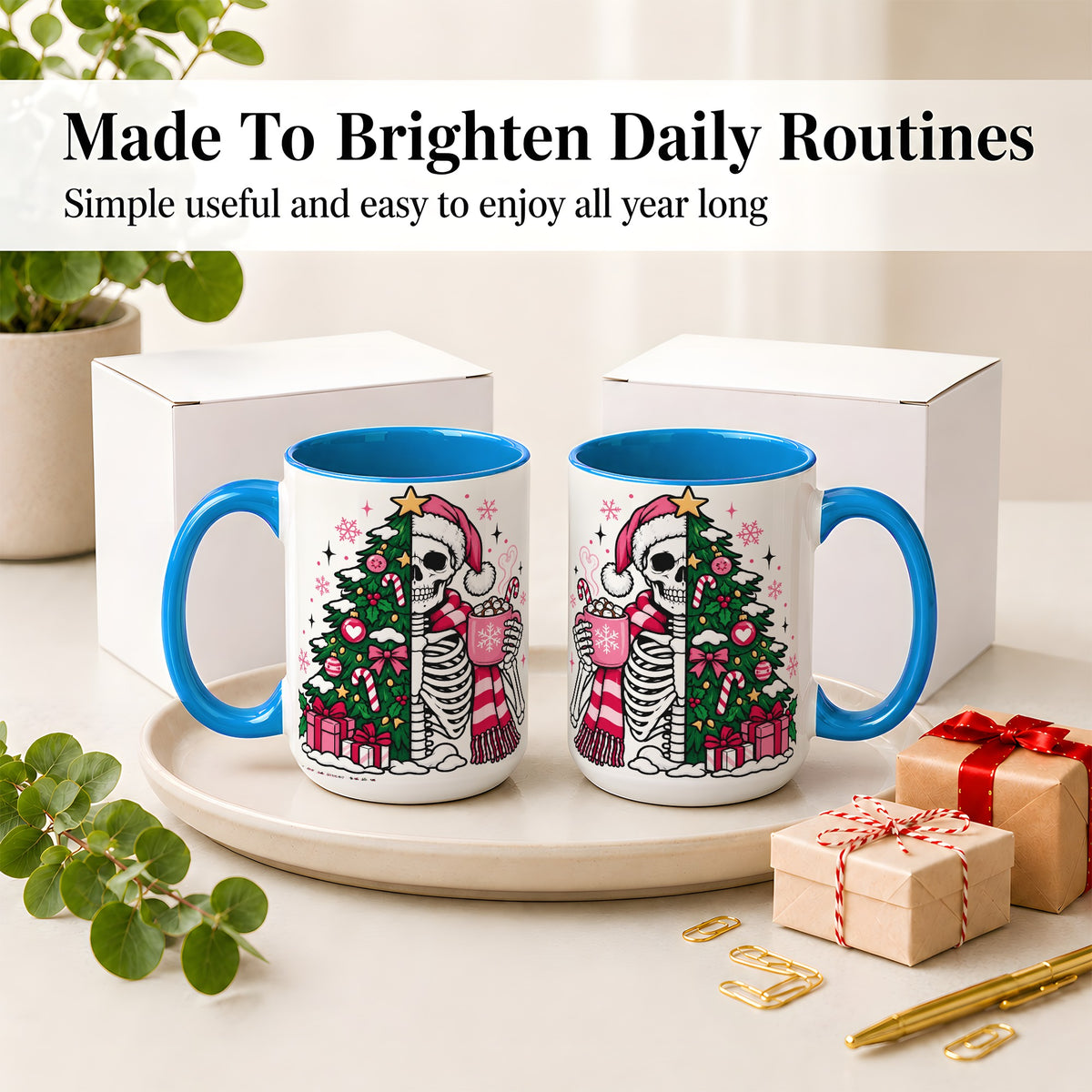 #pl[15oz|Blue] Pink Christmas Skeleton Ceramic Mug, Tree Cocoa Holiday Artwork