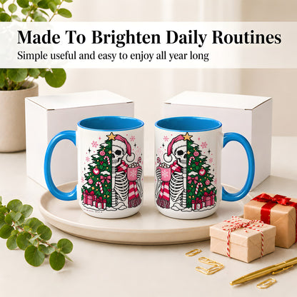 #pl[15oz|Blue] Pink Christmas Skeleton Ceramic Mug, Tree Cocoa Holiday Artwork