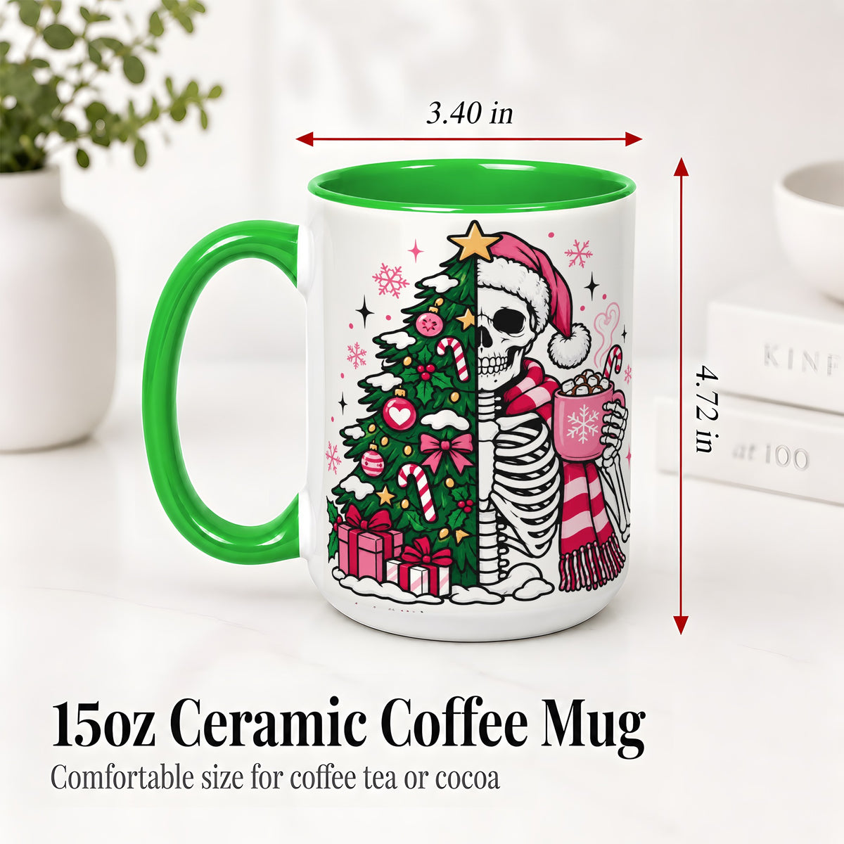 #pl[15oz|Green] Pink Christmas Skeleton Ceramic Mug, Tree Cocoa Holiday Artwork