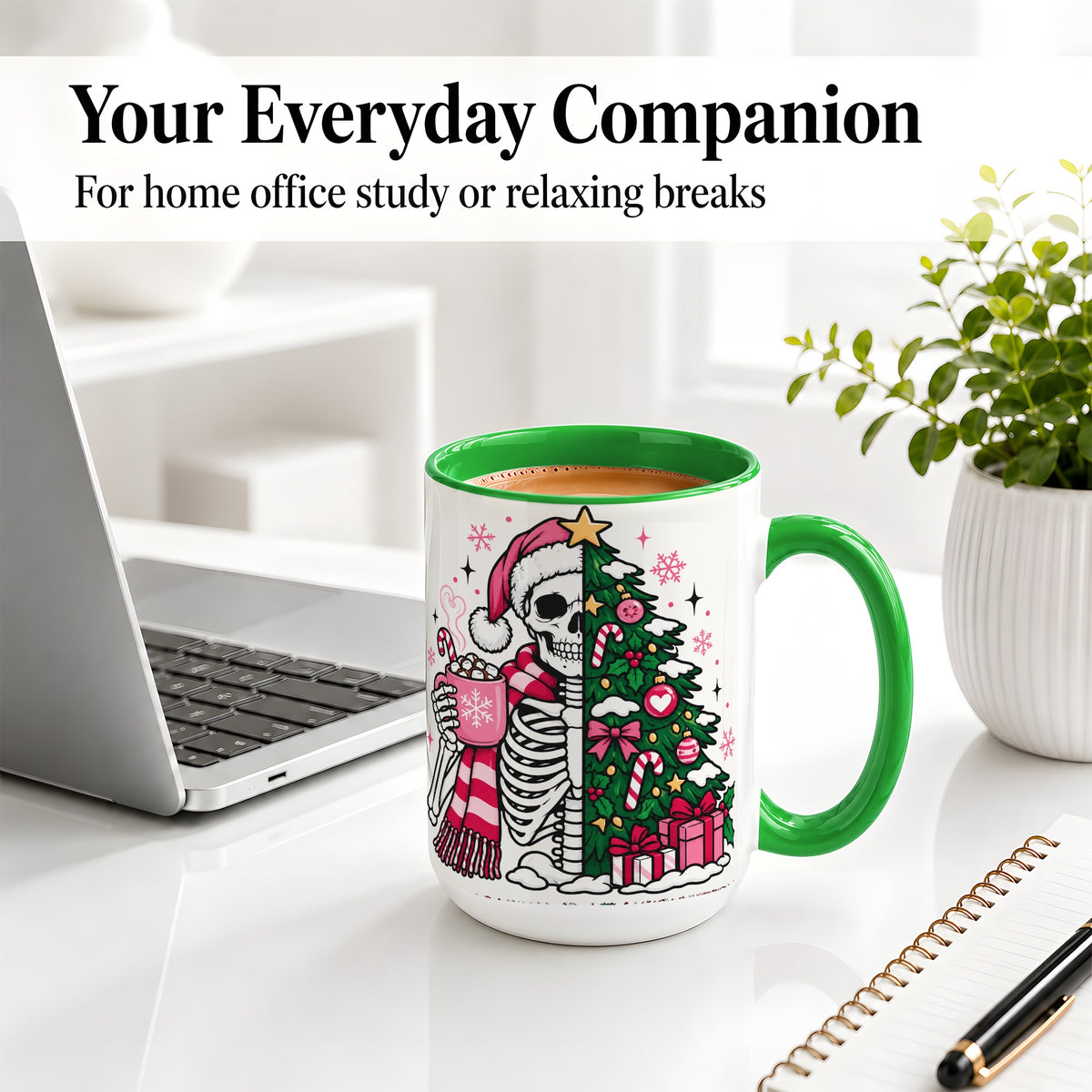 #pl[15oz|Green] Pink Christmas Skeleton Ceramic Mug, Tree Cocoa Holiday Artwork