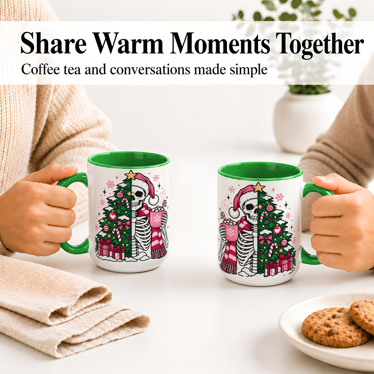 #pl[15oz|Green] Pink Christmas Skeleton Ceramic Mug, Tree Cocoa Holiday Artwork