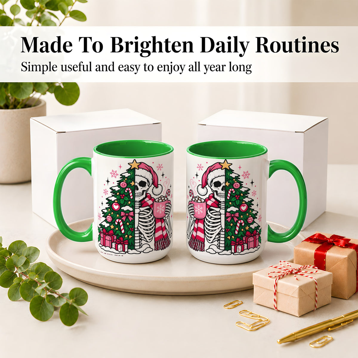 #pl[15oz|Green] Pink Christmas Skeleton Ceramic Mug, Tree Cocoa Holiday Artwork