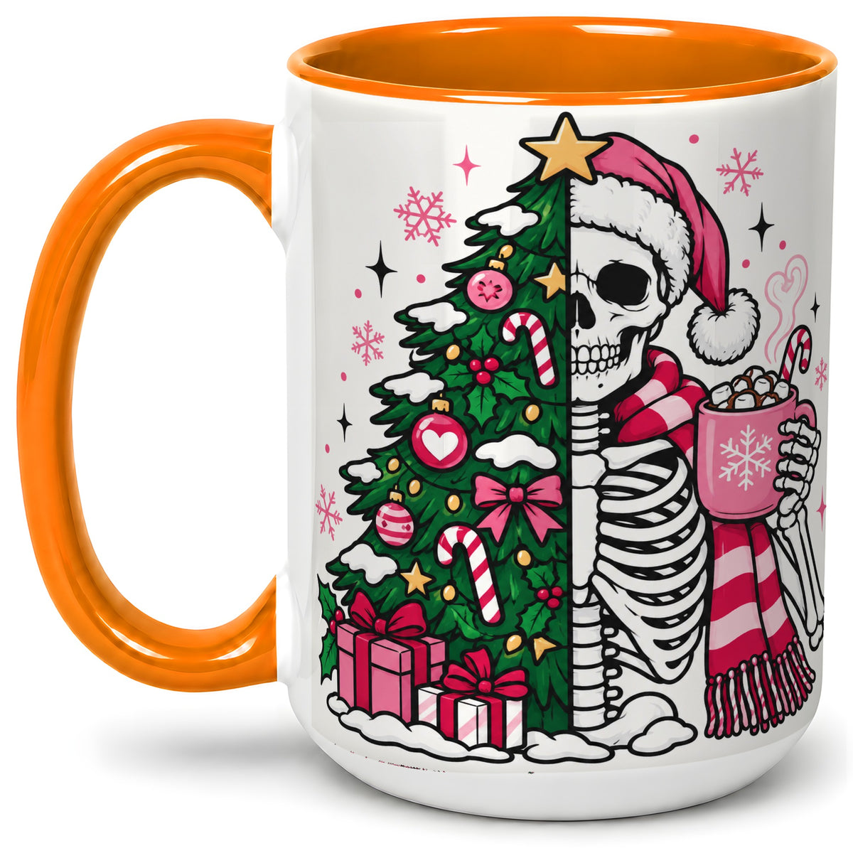#pl[15oz|Orange] Pink Christmas Skeleton Ceramic Mug, Tree Cocoa Holiday Artwork