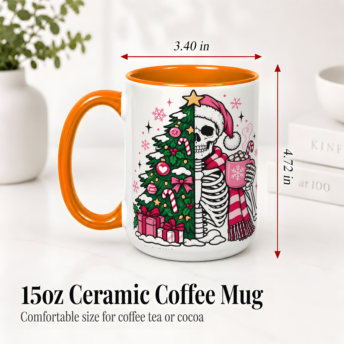 #pl[15oz|Orange] Pink Christmas Skeleton Ceramic Mug, Tree Cocoa Holiday Artwork