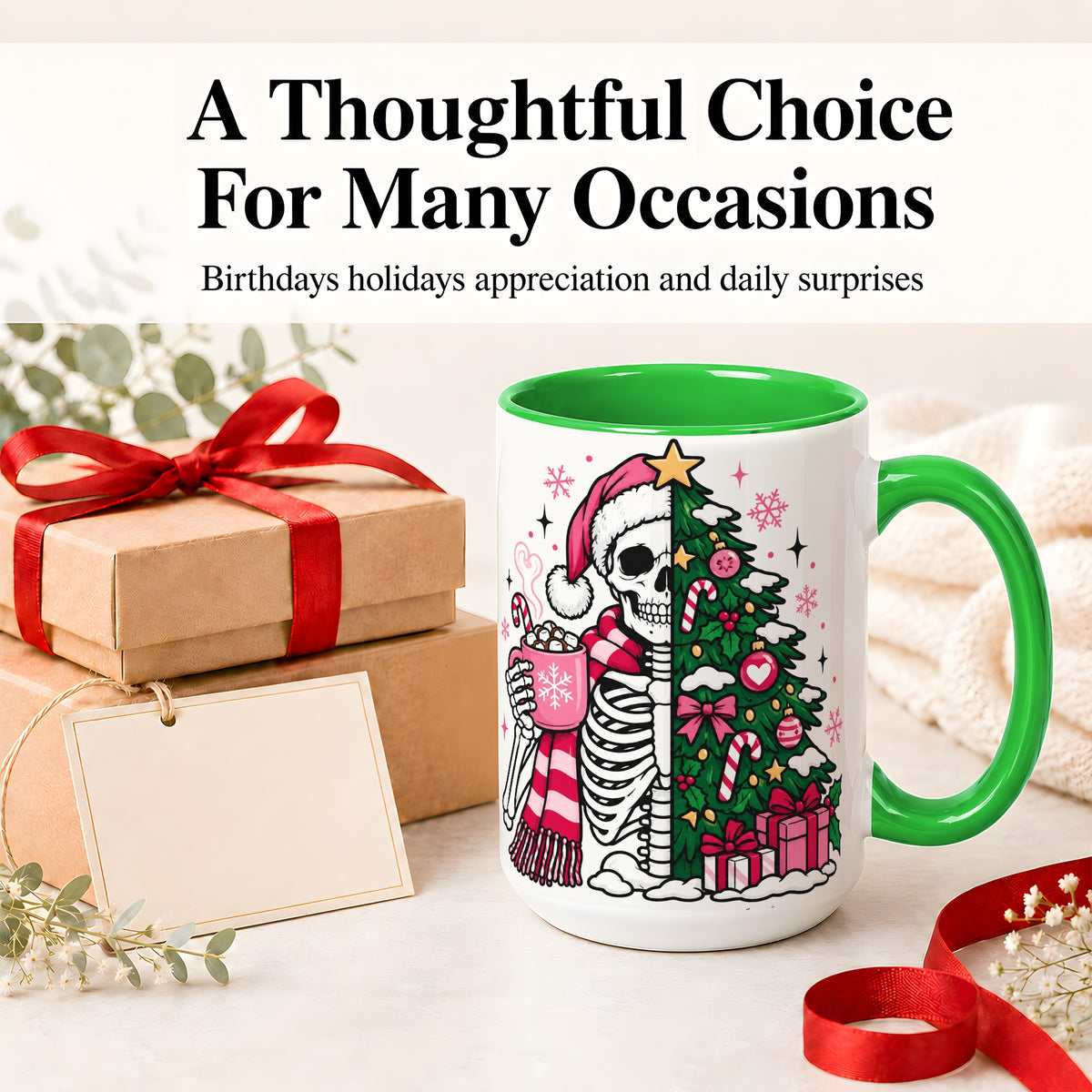 #pl[15oz|Green] Pink Christmas Skeleton Ceramic Mug, Tree Cocoa Holiday Artwork
