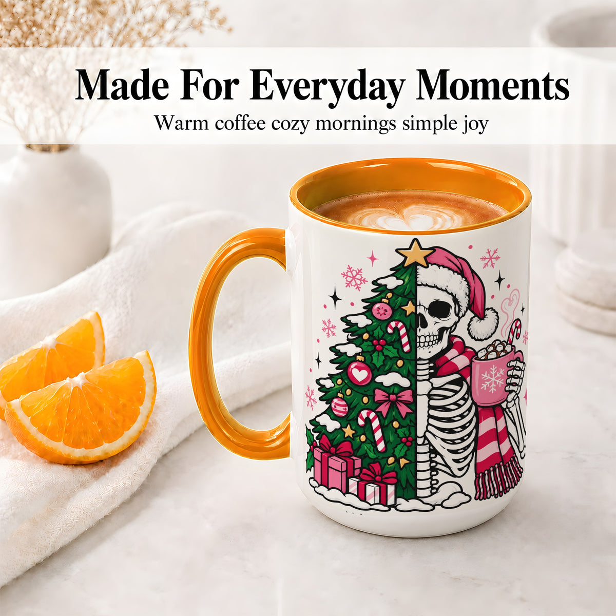 #pl[15oz|Orange] Pink Christmas Skeleton Ceramic Mug, Tree Cocoa Holiday Artwork