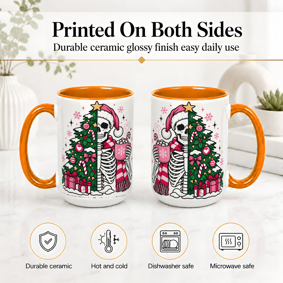 #pl[15oz|Orange] Pink Christmas Skeleton Ceramic Mug, Tree Cocoa Holiday Artwork