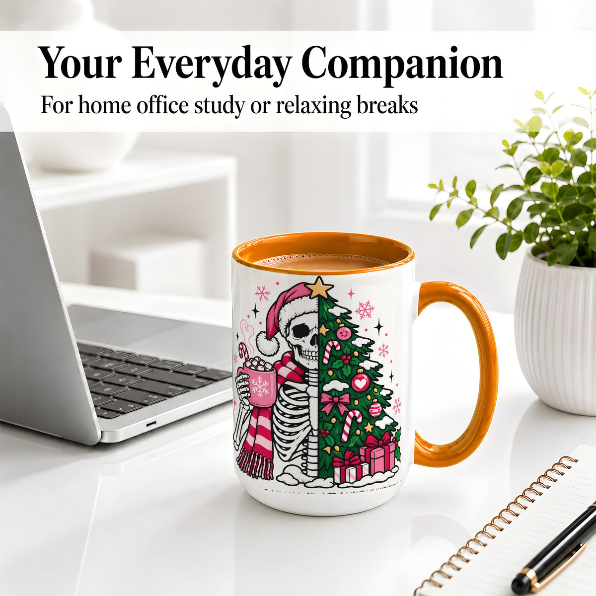 #pl[15oz|Orange] Pink Christmas Skeleton Ceramic Mug, Tree Cocoa Holiday Artwork