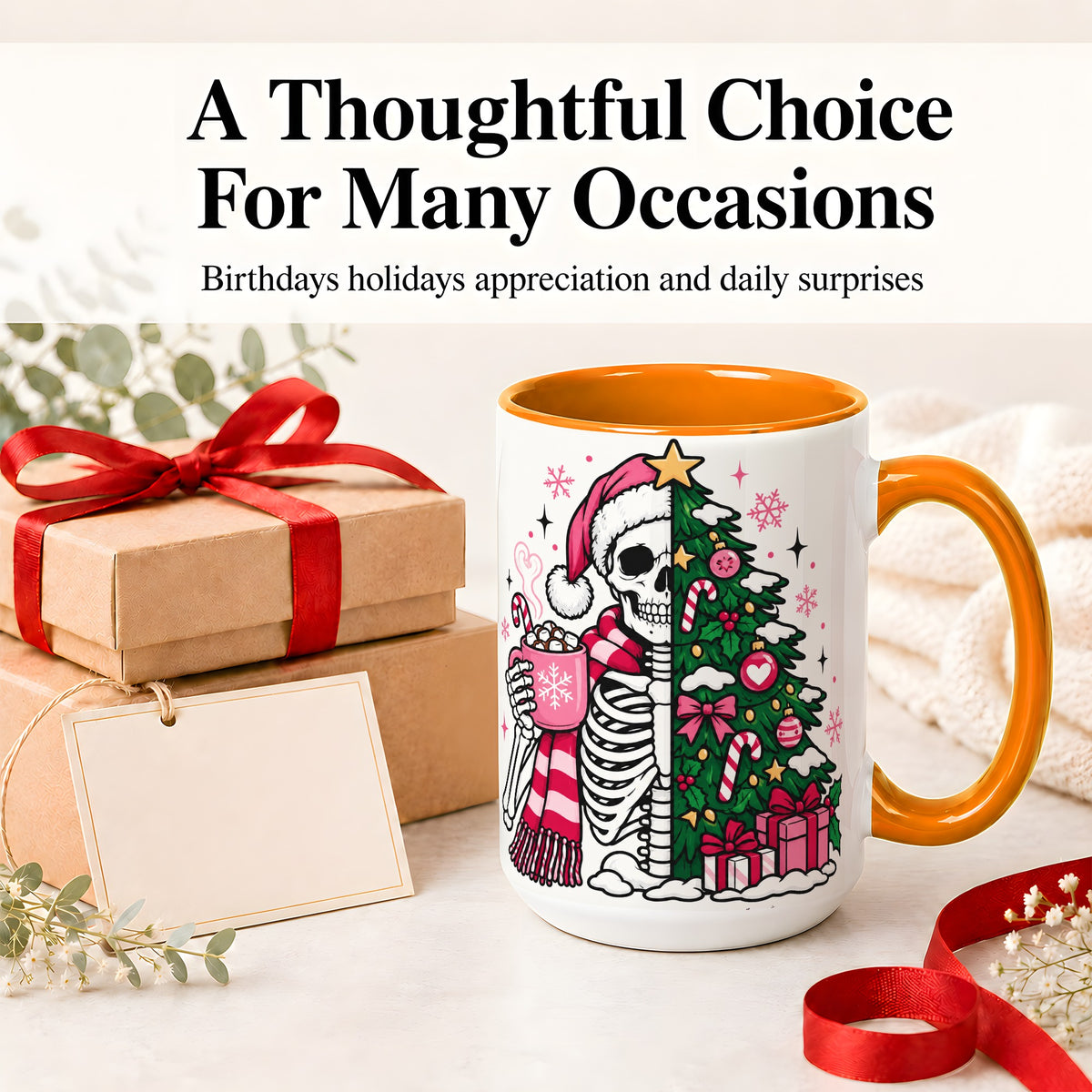#pl[15oz|Orange] Pink Christmas Skeleton Ceramic Mug, Tree Cocoa Holiday Artwork