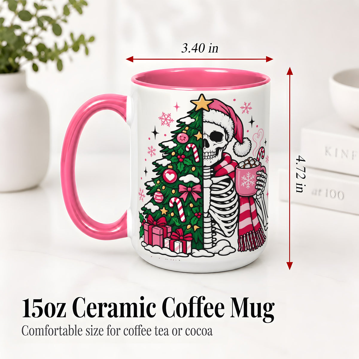 #pl[15oz|Pink] Pink Christmas Skeleton Ceramic Mug, Tree Cocoa Holiday Artwork