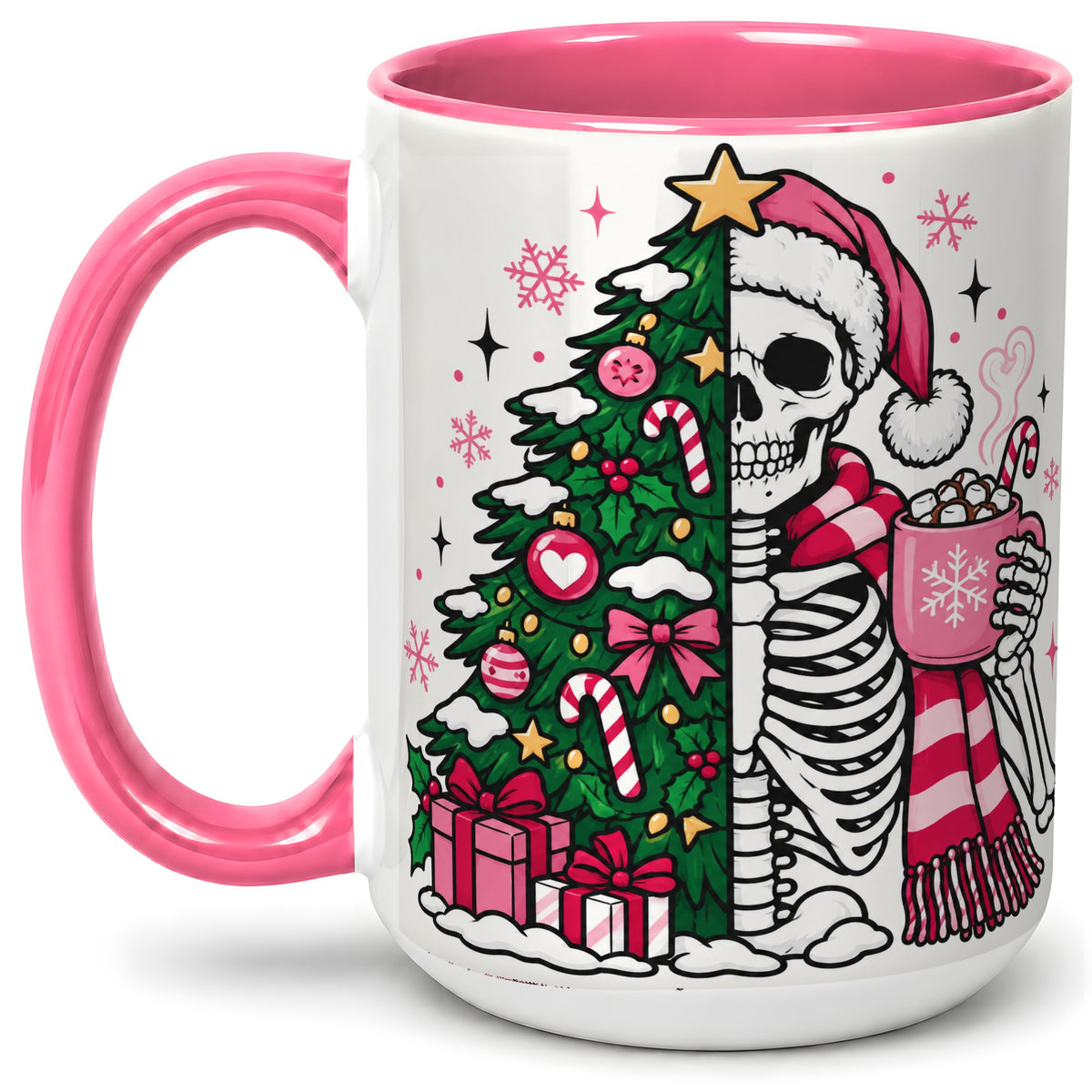 #pl[15oz|Pink] Pink Christmas Skeleton Ceramic Mug, Tree Cocoa Holiday Artwork