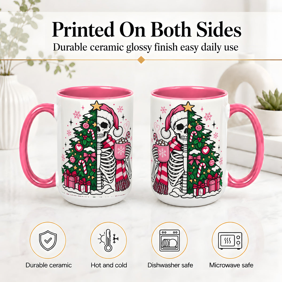 #pl[15oz|Pink] Pink Christmas Skeleton Ceramic Mug, Tree Cocoa Holiday Artwork