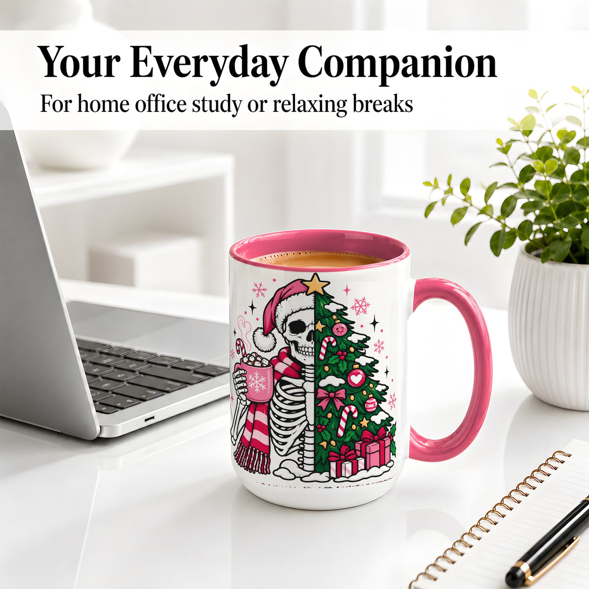 #pl[15oz|Pink] Pink Christmas Skeleton Ceramic Mug, Tree Cocoa Holiday Artwork