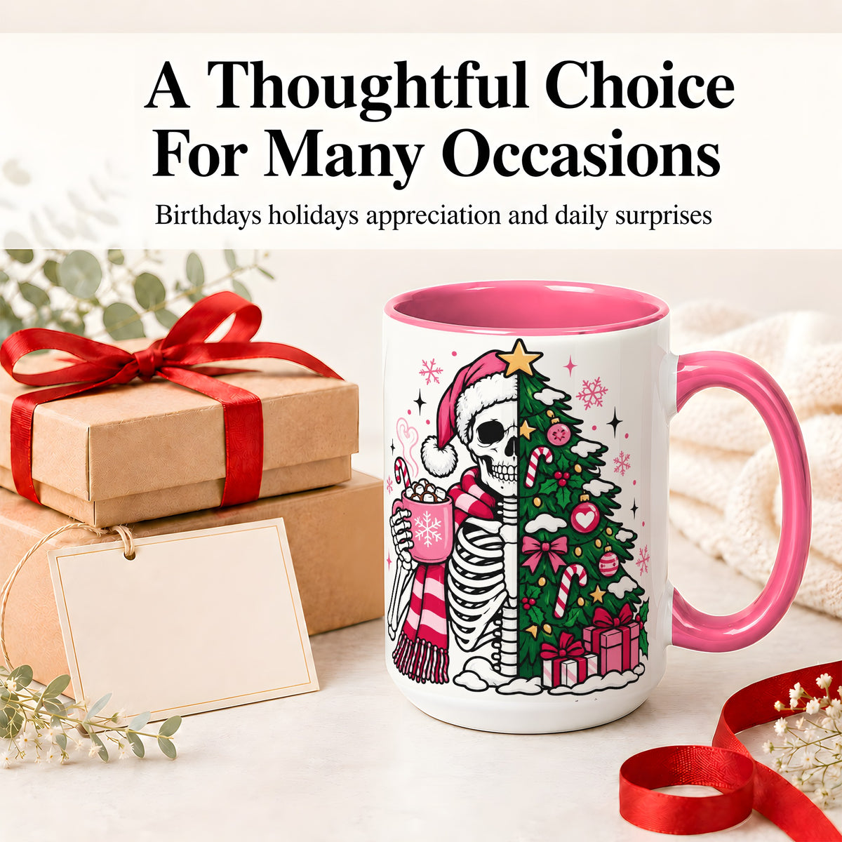 #pl[15oz|Pink] Pink Christmas Skeleton Ceramic Mug, Tree Cocoa Holiday Artwork