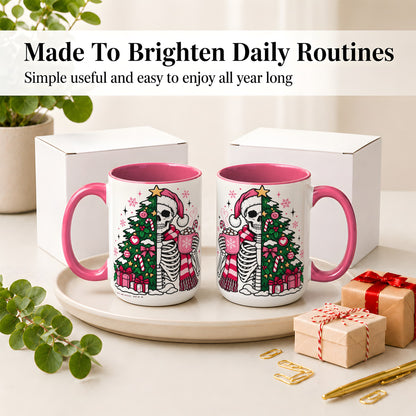 #pl[15oz|Pink] Pink Christmas Skeleton Ceramic Mug, Tree Cocoa Holiday Artwork