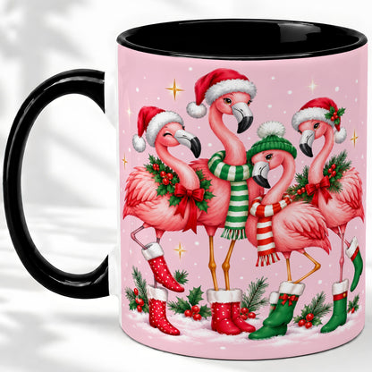 #pl[11oz|Black] Christmas Flamingo Accent Mug, Pink Holiday Bird Artwork